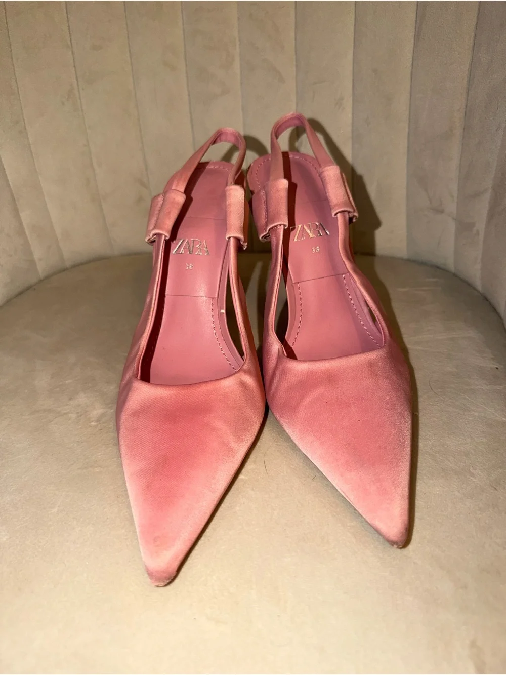 Zara Pink Satin Slingback Pointed Toe Stiletto Heels